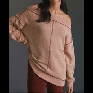Pilcro Slouchy Oversized Off-The-Shoulder Sweatshirt Distressed Dusty Pink XXS